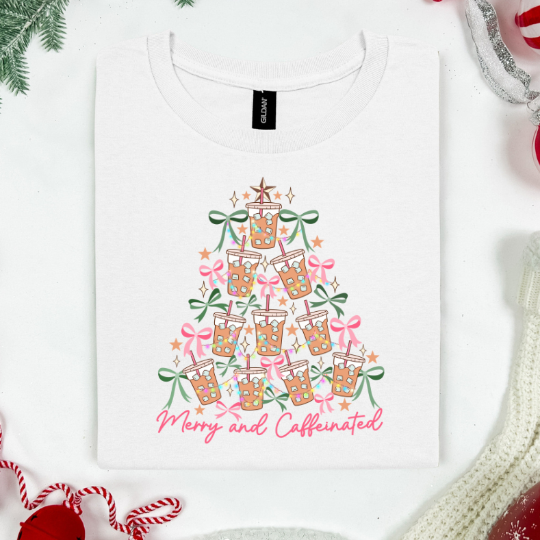 Merry and Caffeinated Christmas Iced Coffee Tree T-Shirt