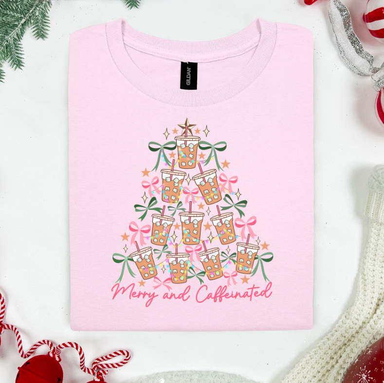 Merry and Caffeinated Christmas Iced Coffee Tree T-Shirt