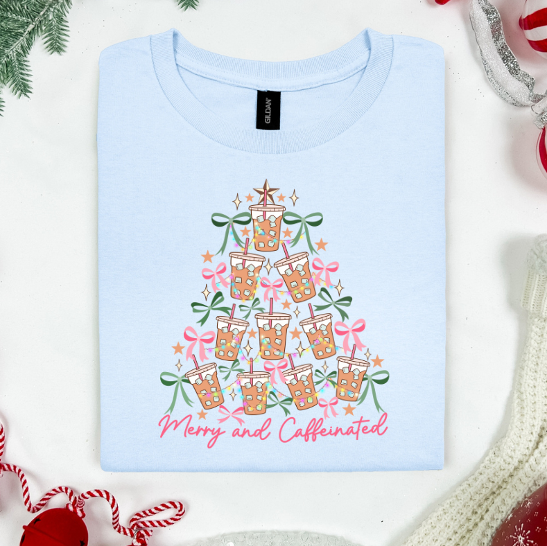 Merry and Caffeinated Christmas Iced Coffee Tree T-Shirt