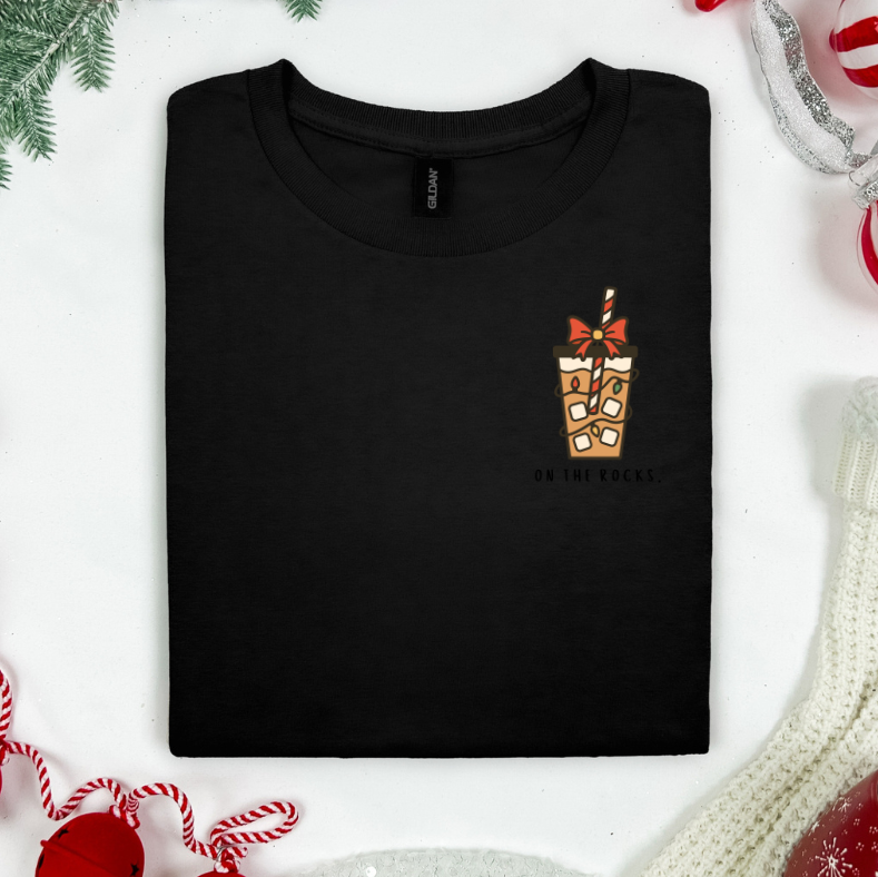"On The Rocks” Iced Coffee Christmas T-Shirt – Cute Holiday Minimalist Tee