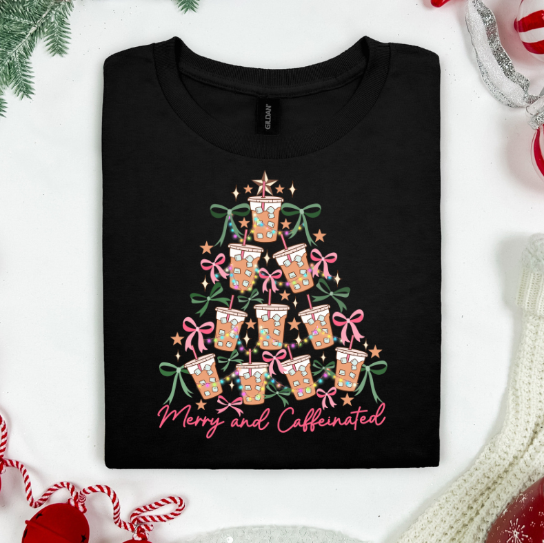 Merry and Caffeinated Christmas Iced Coffee Tree T-Shirt